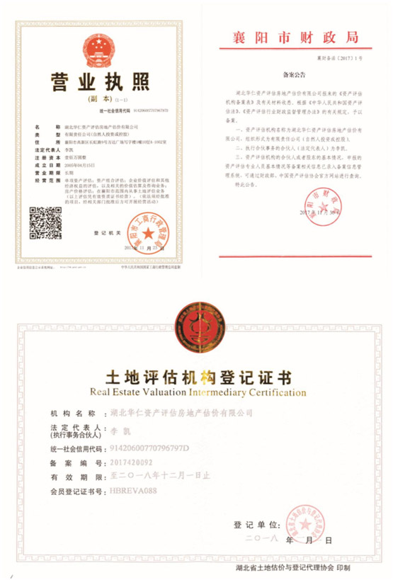華仁資產評估房地產估價有限公司營業(yè)執(zhí)照、資產評估備案公告、土地評估機構登記證書.jpg